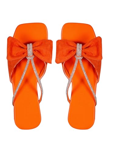 OYOANGLE Women's Rhinestone Bow Open Toe Corduroy Flat Sandals Summer Casual Slide Sandals