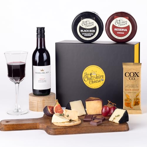 Indulgent Cheese Wine and Chocolate Gift Set | Includes 2 Award Winning Cheeses 1 Pump Street Co. Chocolate bar bottle of Merlot Red Wine from Cheshire Cheese Company