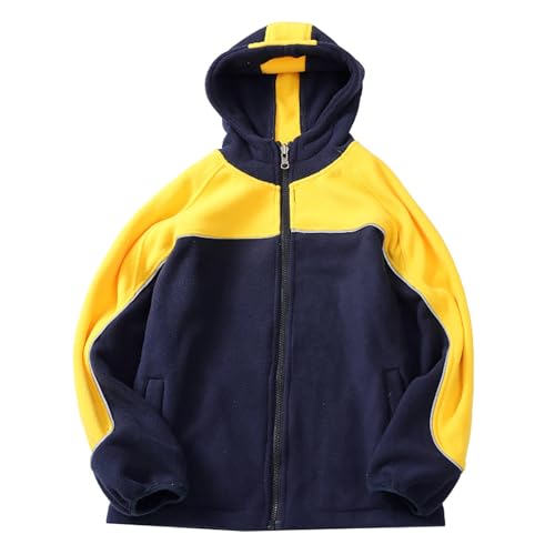 Fleece Jacket for Kids Hooded 𝗖olor Block Loose Zip Windproof Outerwear Fall Warm Soft Coat with Pocket