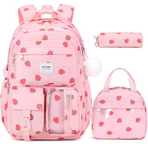 Backpack for Girls - Girls Backpack with Lunch Bag & Pencil Pouch for Teen Kids Laptop Backpack for Women, Elementary Middle High School Bookbag Travel Daypack (Pink Strawberry)