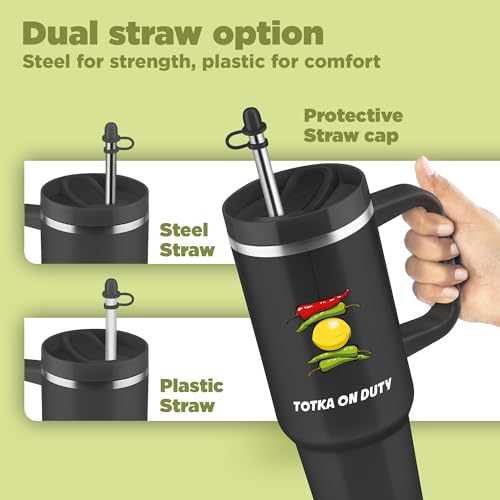 Image of MILTON Malmo 1200 Thermosteel Double Wall Vacuum Insulated Stainless Steel Tumbler with Handle 1100ml, Travel Mug with Straw,Silicon Cap,Cleaning Brush,Hot & Cold Beverage Flask,Totka Black