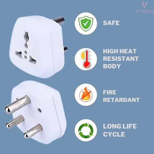Image of VAYINATO (2 Pcs-White) 3 Pin Plug Socket Adaptor | Universal 3-Round Pin Converter for Indian Sockets, China, Thailand, Europe, Taiwan, Japan, Italy, Korea and Indonesia to India