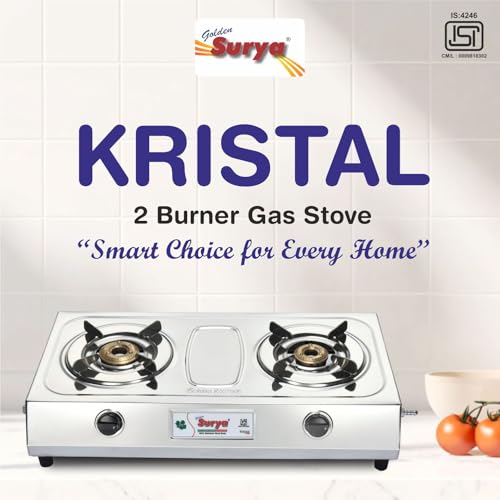 Image of Golden Surya 2 Burner LPG Gas Stove with High Efficiency Burners, Stainless Steel Body, Heavy MS Pan Support, Manual Ignition, ISI Certified (large)