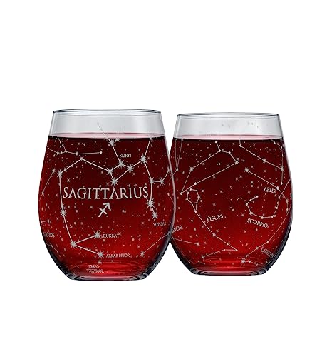 Greenline Goods Sagittarius Stemless Wine Glasses Zodiac Sagittarius Set Hand Etched 15 oz (Set of 2) - Astrology Sign Glassware