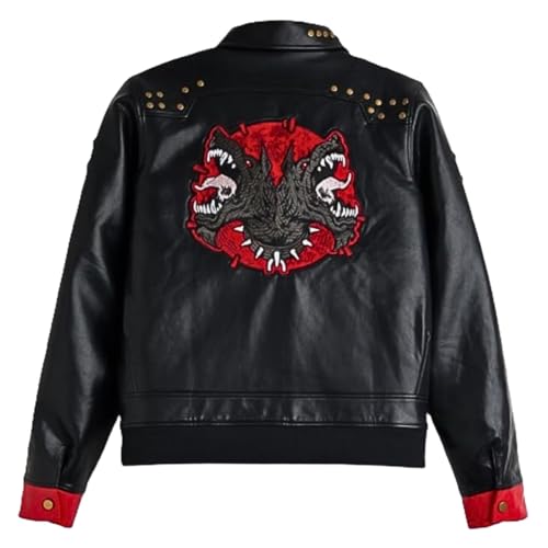 Men's Arcane Season 2 VI Black Leather Jacket with Red Graphic Embroidery and Studded Shoulder