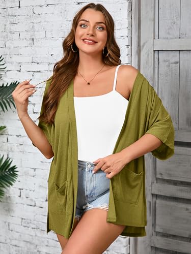 Image of AusLook Plus Size Cardigan for Women Short Sleeve Lightweight Open Front Shrug with Pockets for Dresses and Layering 1X-5X