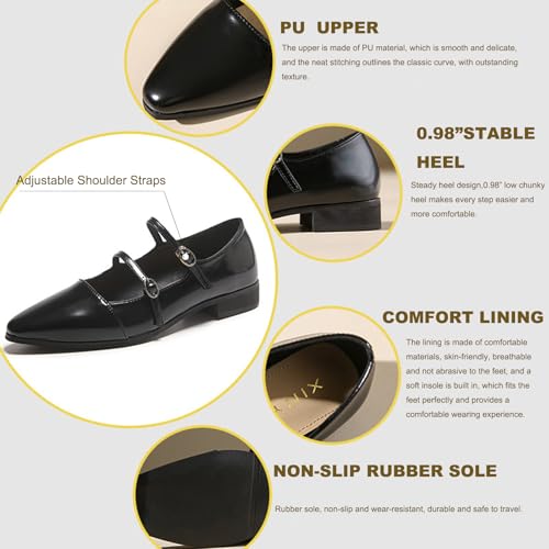 Women's Leather Pointed Toe Retro Double Strap Mary Janes,Adjustable Buckle Low Heel Flats Fashion Comfortable Dress Shoes3