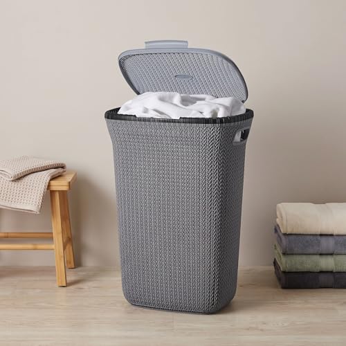 Image of KITCHIVO Plastic Large 55 Ltr Laundry Basket with Lid & Handle | Multipurpose Hamper Bins Storing Washable Clothes, Blankets | Household Ideal for Home & Bathroom (Marriott Grey Laundry Basket)
