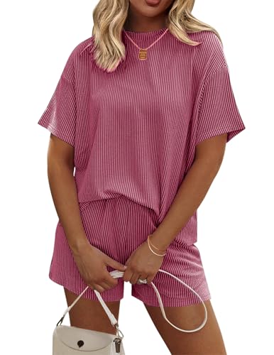 Image of Ekouaer 2 Piece Sets for Women Matching Lounge Sets Summer Outfits | Casual Loungewear, Ribbed Loose Set, Short Sleeve Shirt and Shorts, Crewneck, With Pockets