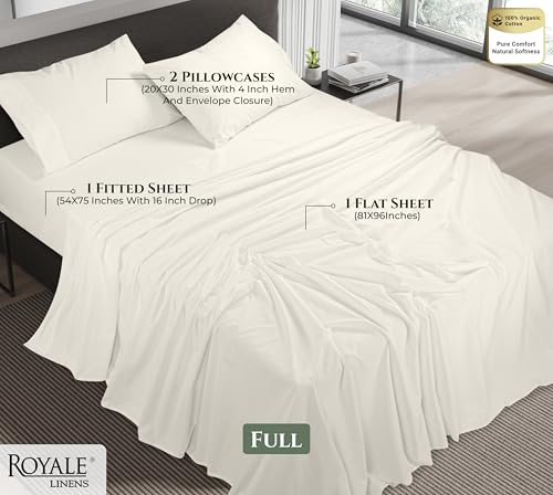 Image of ROYALE LINENS 100% Organic Cotton Full Sheet Set - 16 inch Deep Pocket Bed Sheets - Eco Friendly Ivory Bed Sheets - Sabanas Full - 1 Flat, 1 Fitted & 2 Pillowcases - Ivory Sheet Set - Cotton Bedding Sets