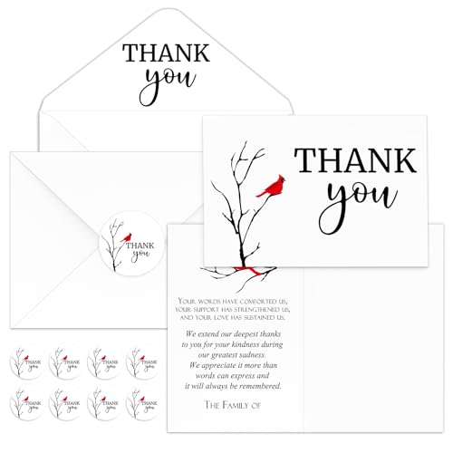 Marspark 100 Sets Funeral Thank You Sympathy Cards with Envelopes and Message Inside Memorial Card Bereavement Cards with Stickers for Funeral Loved Ones Celebration of Life(Cardinals)
