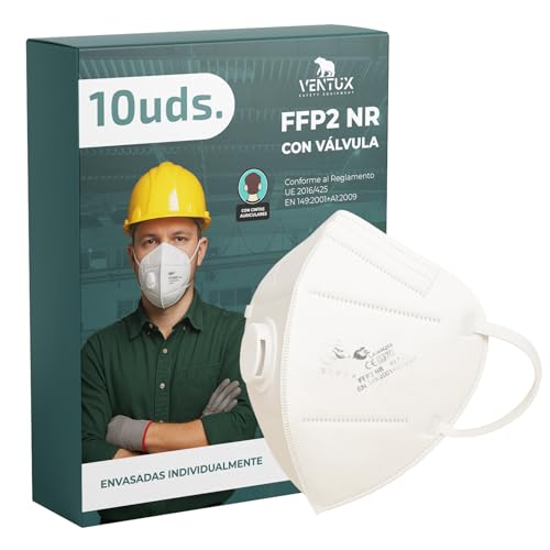 VENTUX SAFETY EQUIPMENT Mascarilla FFP2-blanco-con Válvula de Exhalación – Certificación CE – Filtración ≥99% – Desechable – Protección Respiratoria Profesional (10)