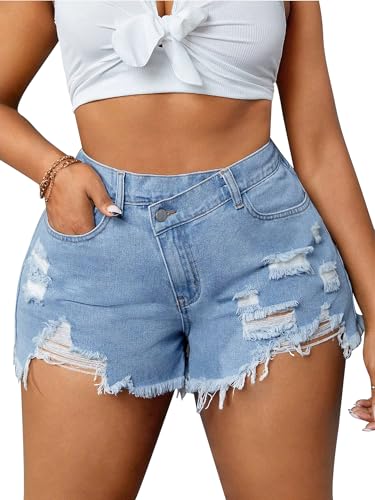 ALLABREVE Womens Plus Size Ripped Denim Shorts High Waisted Stretchy Jean Shorts with Frayed Hem - Asymmetrical Button Fly Distressed Summer Hot Jorts