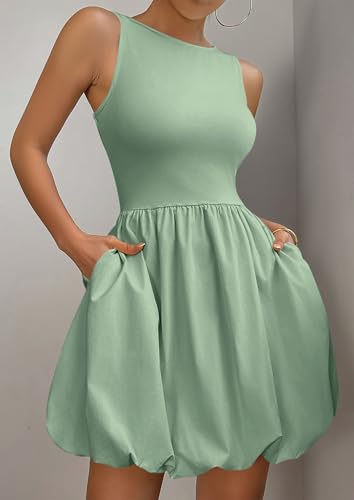 Image of PRETTYGARDEN Summer Dresses for Women 2026 Casual Mini Short Cocktail Dress Sleeveless Tank Crew Neck Bubble Sundress Pockets