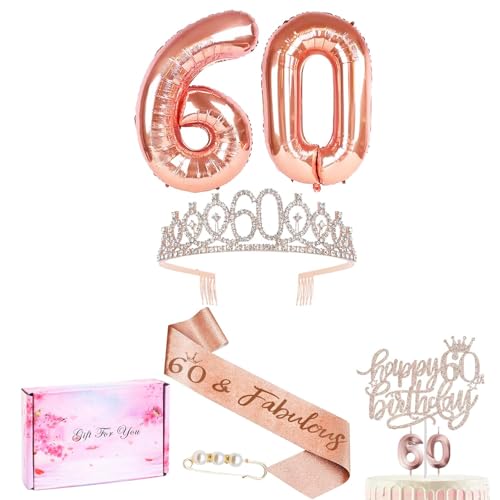 60 Anni Compleanno Donna,Palloncini Rosa 60 Anni Compleanno,Regalo Donna,Corona Fuscia écharpe Rosa Compleanni,Cake Topper,per Il Tuo 60° Anniversario di Nascita