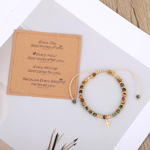 Christian Cross Bracelets for Women, Inspirational Natural Stone Bracelet Jesus Christian Gifts Adjustable Religious Jewelry for Baptism Communion Everyday Faith3