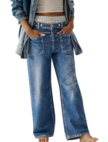 Women's Wide Leg Jeans Mid Waisted Stretchy Straight Leg Pants Palmer Cuffed Jeans with Pockets
