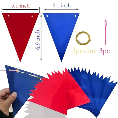 Image of Red White and Blue Pennant Banner 3 Pack Paper Triangle Flag Hanging Decoration for Wedding Birthday Baby Shower Halloween Family Party（36pcs Triangle Flag）