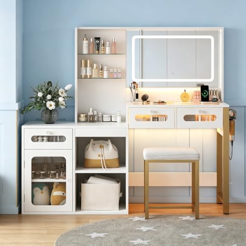Image of CollaredEagle Vanity Desk with Mirror and Lights, Makeup Vanity Desk with Lights 3 Colors, Transparent Top Vanity with 2 RGB Drawers, Large Tempered Cabinet, with Power Outlet & Stool, White