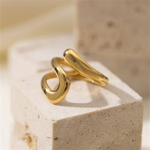 14K Gold Chunky Rings for Women,Non Tarnish Silver Plated Statement Dome Rings Stackable Rings for Women Adjustable Stackable Rings Wedding Band Jewelry2