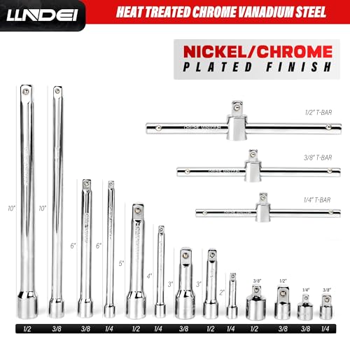 LLNDEI 19PCS Drive Tool Accessory Set Includes Socket Adapters, Socket Extension Bar, Swivel Universal Joints, Impact Coupler, Sliding Bar T-handle Wrench, Socket Accessories(1/4\", 3/8\" & 1/2\" Drive)