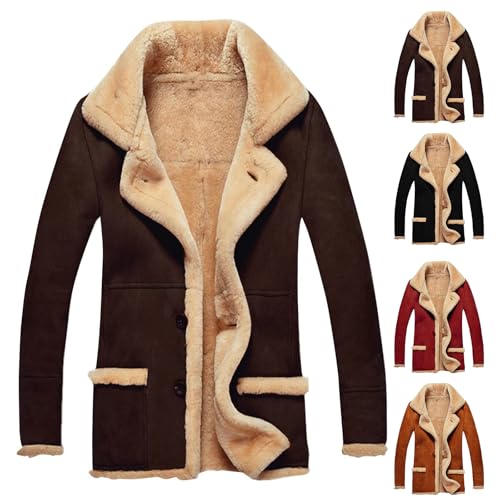 Jacket for Men Faux Suede Fur Jacket Sherpa Fleece Lined Pea Coat Lapel Long Sleeve Overcoat Winter Thicken Warm Coat3