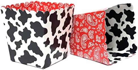 Cow and Bandana Party Favor Snack Boxes for Kids Birthday Parties, Baby Showers, Farm themed Bridal Showers/Weddings, and School Events. Set of 12 Reversible Cow to Red Bandana Scalloped Popcorn Boxes image 4