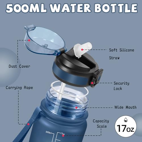Trinkflasche, 500ml Trinkflasche Kinder, Wasserflasche mit Strohhalm, Flasche mit Strohhalm, Leicht zu Reinigen, Wasserflasche Auslaufsicher, mit Zeitmarkierung, für Schule, Reisen, Running, Yoga