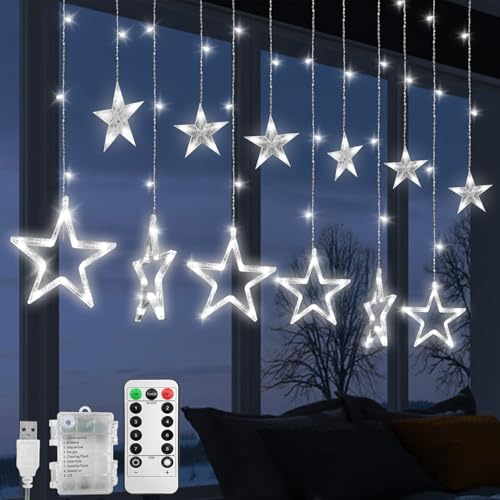Jsdoin Luci Natalizie da Esterno, Tenda Luminosa 2.5 m 138 LED, Tenda di Luci con 12 Stelle 8 modalità lampeggianti, Luci Decorativa per Finestra, Porta, Matrimonio, Vetrina (A - Freddo Bianco)