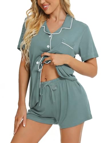 Image of SWOMOG Womens Button Down Pajamas Set Short Sleeve Sleepwear Bride Soft Pj Lounge Sets XS-3XL