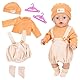 WanderGo Baby Puppen Puppenkleidung 35-43 cm, 4-teiliges Outfit mit 1 Oberteil + 1 Latzhose + 1 Strickmütze + 1 Paar Socken 2 rosa Kleiderbügel, Babypuppe Kleidung für 14-18 Zoll Puppen