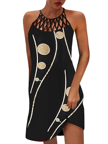 Image of LOVESHOOT Summer Dresses for Women 2026 Casual Floral Hollow Out Halter Neck A-line Sundress for Beach Vacation with Pockets