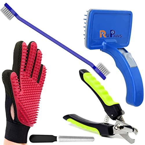 RvPaws Dog Grooming Kit - Dog Nail Clippers + Nail Filer + Dog Toothbrush + Dog Plastic Slicker Brush with Press Key for Puppies and Dogs + Pet Grooming Glove for Dog, Puppy, Cat - 4 in 1 Dog Combo (B09LZ78W6C) Amazon Price History, Amazon Price Tracker