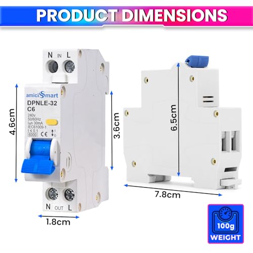 Image of amiciSmart 6A Single Module Circuit Breaker with Over Current, Short-Circuit and Leakage Protection, Shock Proof, 220VAC