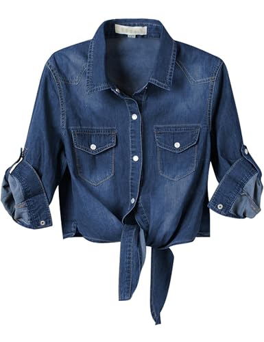 Omoone Women's 3/4 Sleeve Modern Denim Crop Top Tie Knot Shirt Cardigan (Dark Blue, XL)