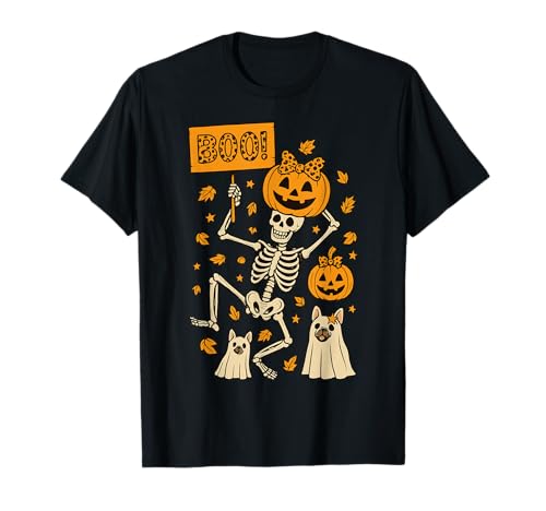 Boo Squelette Citrouille Fantôme Chiens Drôle Effrayant Automne Halloween T-Shirt