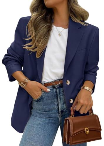 PRETTYGARDEN 2025 Blazers for Women Business Casual Long Sleeve Lapel Open Front Suit Jacket Work Blazer with Pockets (Navy,Large)