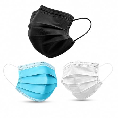 Image of Kausta Disposable 3 Ply Face Mask Pack of 50 | Soft Non-Woven Breathable with Elastic Ear Loops & Adjustable Nose Clip | Comfortable Protection for Daily Use Office & Outdoor | Black, White & Blue