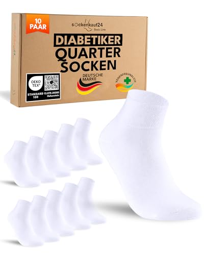 sockenkauf24 10 Paar kurze Diabetikersocken Damen ohne Gummibund & ohne Naht Quarter Diabetiker Socken Kurzschaft mit Komfortbund ohne Gummi (Weiß 35-38)