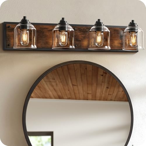 Image of 4-Light Bathroom Fixture, 31.5 inch Large Farmhouse Vanity Light, E26 Base (Bulbs Not Included), Thickened Glass Shade, for Bathroom, Bedroom, Vanity, Hallway, Rustic Brown and Black F18BD05