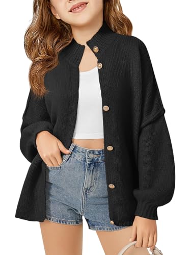 Haloumoning Girls Button Down Cardigan Mock Neck Lantern Long Sleeve Sweater Chunky Knit Outerwear Jacket 5-14Y