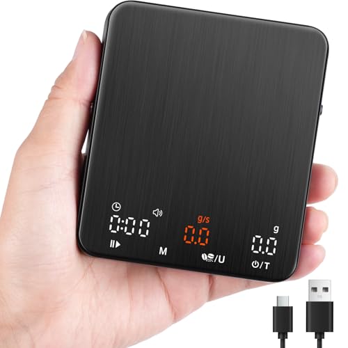 TIPRE Balanza de café espresso mini, precisión 2kg/0.1g, temporizador, medición de flujo, recargable USB‑C, 3 modos, pantalla LED, silenciosa, unidades g/oz/lb:oz
