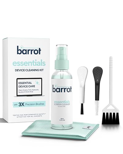 Image of BARROT Essentials Mini Device Cleaning Kit | Includes 50ml Non-Alcohol Screen Cleaner, 3 x High-Precision Brushes & 20x20CM Plush Microfiber
