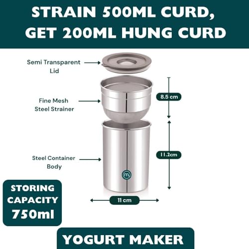 Image of Mishaa Steel Greek Yogurt and Hung Curd Maker 750ml, BPA Free Multipurpose Steel Strainer with Airtight Storage Container, for Making 200g Homemade Yogurt (Greek Yogurt Maker (750ml))
