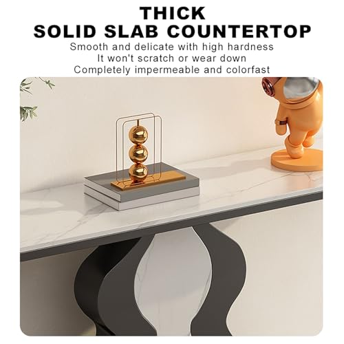 Mesa de sofá estrecha y larga con tapa de mármol y patas de metal negro para salón 6