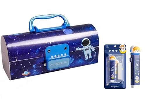 Image of Invite New Cartoon Theme Pencil Box with Push Pull Eraser Set for Kids | Suitcase Style Password Lock Stationery Organizer | School Supplies Gift Combo for Boys & Girls (Space + Eraser)