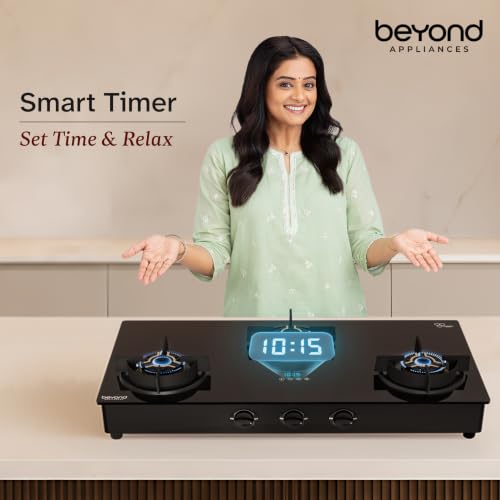 Image of Beyond Appliances Auriga Pro 3 Full Brass Burner Smart Gas Stove I Auto Ignition I Digital Timer I Flame Failure Device I Toughened Glass I ISI Certified, LPG & PNG Compatible, PAN India Service