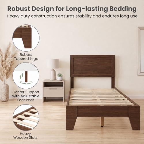 Image of GIANTEX Twin Size Wooden Bed Frame with Headboard, Wood Slat Support