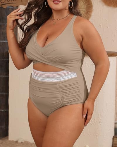 B2prity Women's Plus Size One Piece Swimsuit Tummy Control V Neck Bathing Suit Ruched High Waisted Cutout Swimwear4
