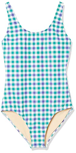 Amazon Essentials Women's One-Piece Coverage Swimsuit (Available In Plus Size), Blue/Green, Gingham, Large #TOP3